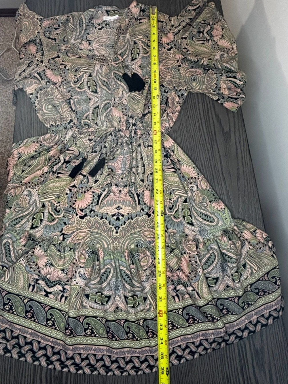 Boho Paisley Mini Dress Tassel Tie Anthropologie Style Flutter Sleeve M - Picture 6 of 6